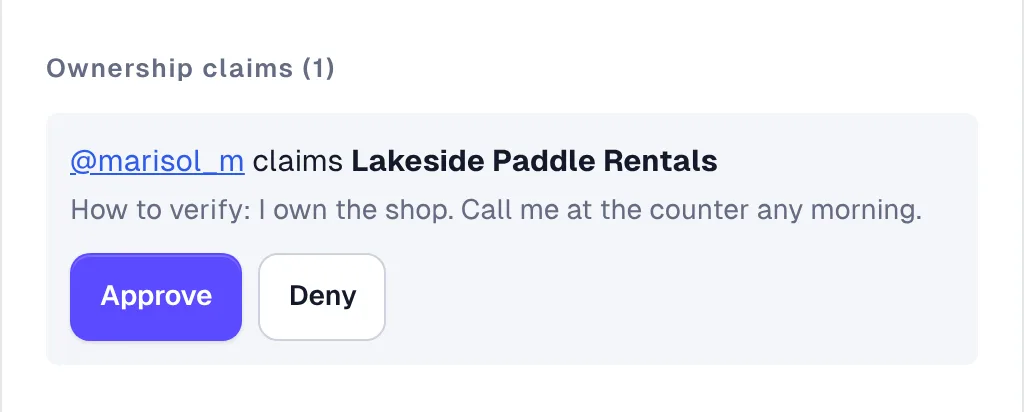 A claim waiting in the host’s inbox: @marisol_m claims Lakeside Paddle Rentals, with Approve and Deny buttons