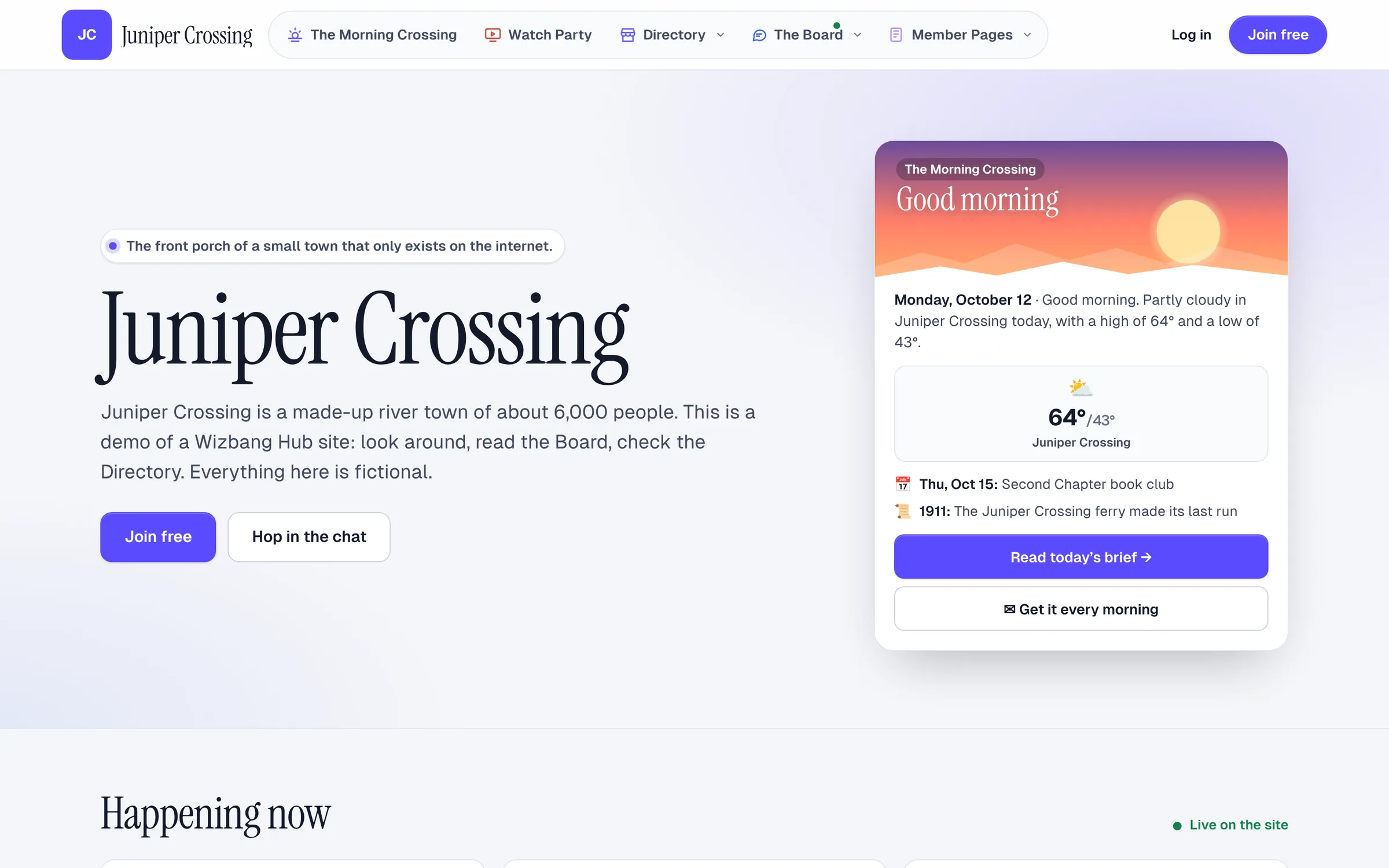 The Juniper Crossing homepage, with today's Morning Crossing brief