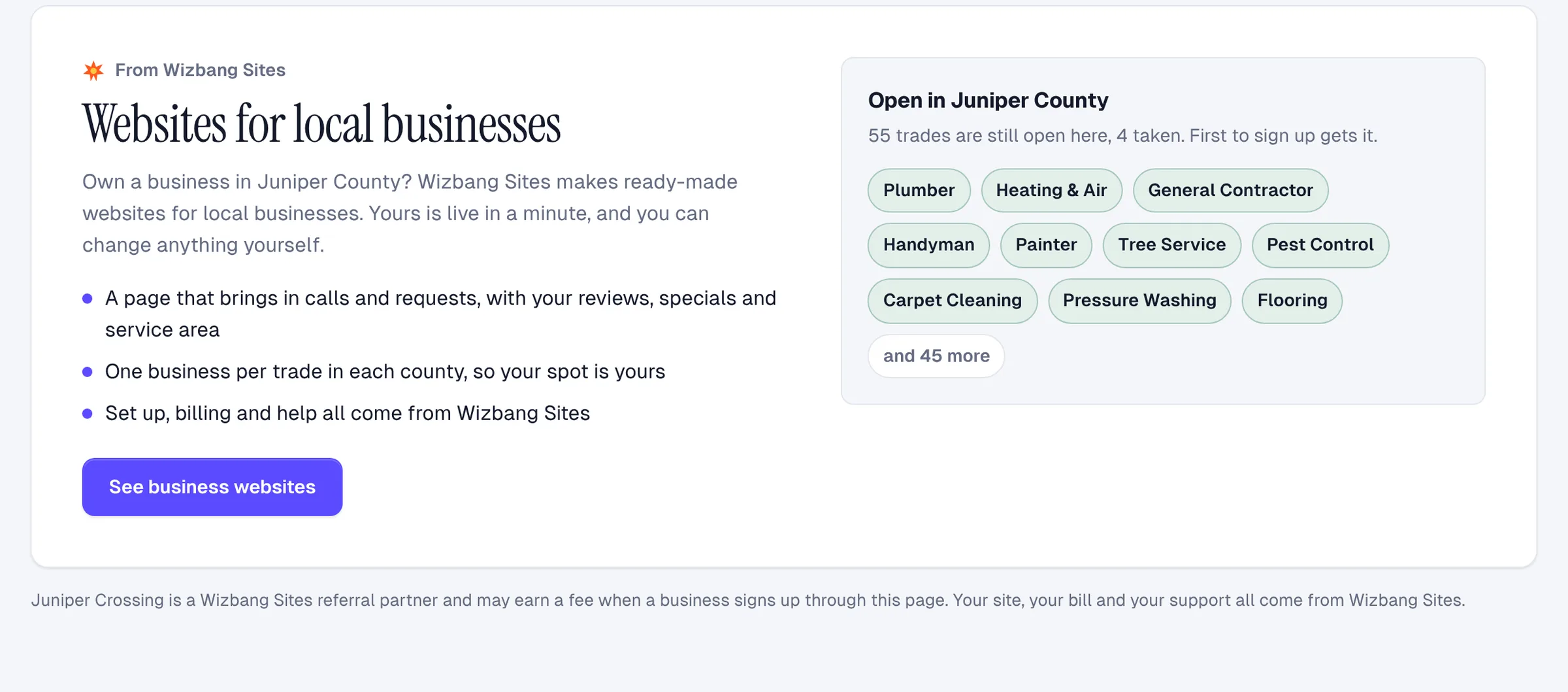 The Websites for local businesses section on the demo Hub’s homepage, listing the trades still open in its county
