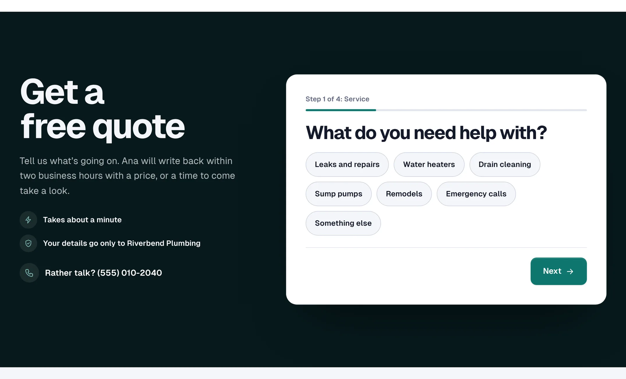 A step-by-step quote request form on Riverbend Plumbing’s site