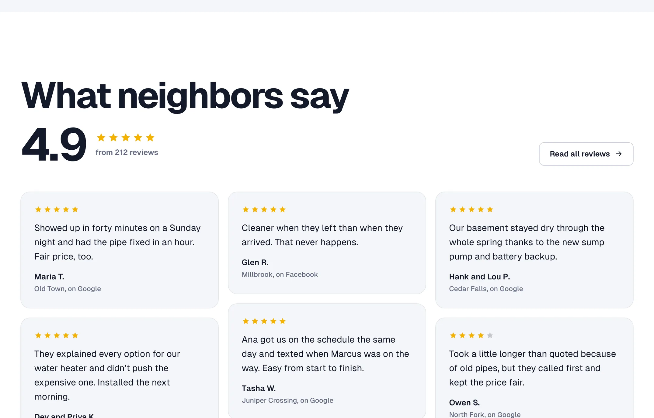 A review wall with a 4.9 star score on Riverbend Plumbing’s site