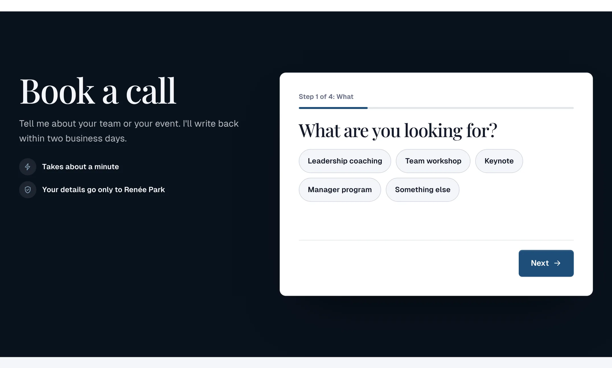 A step-by-step booking form on Renée Park’s site