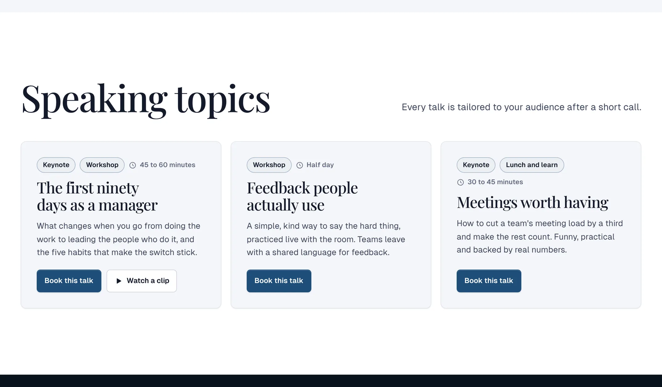 Speaking topics as cards, each with its formats, length and a Book this talk button