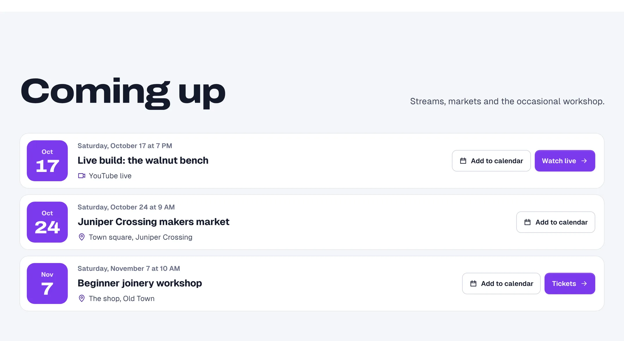 A list of upcoming streams, markets and workshops with Add to calendar buttons