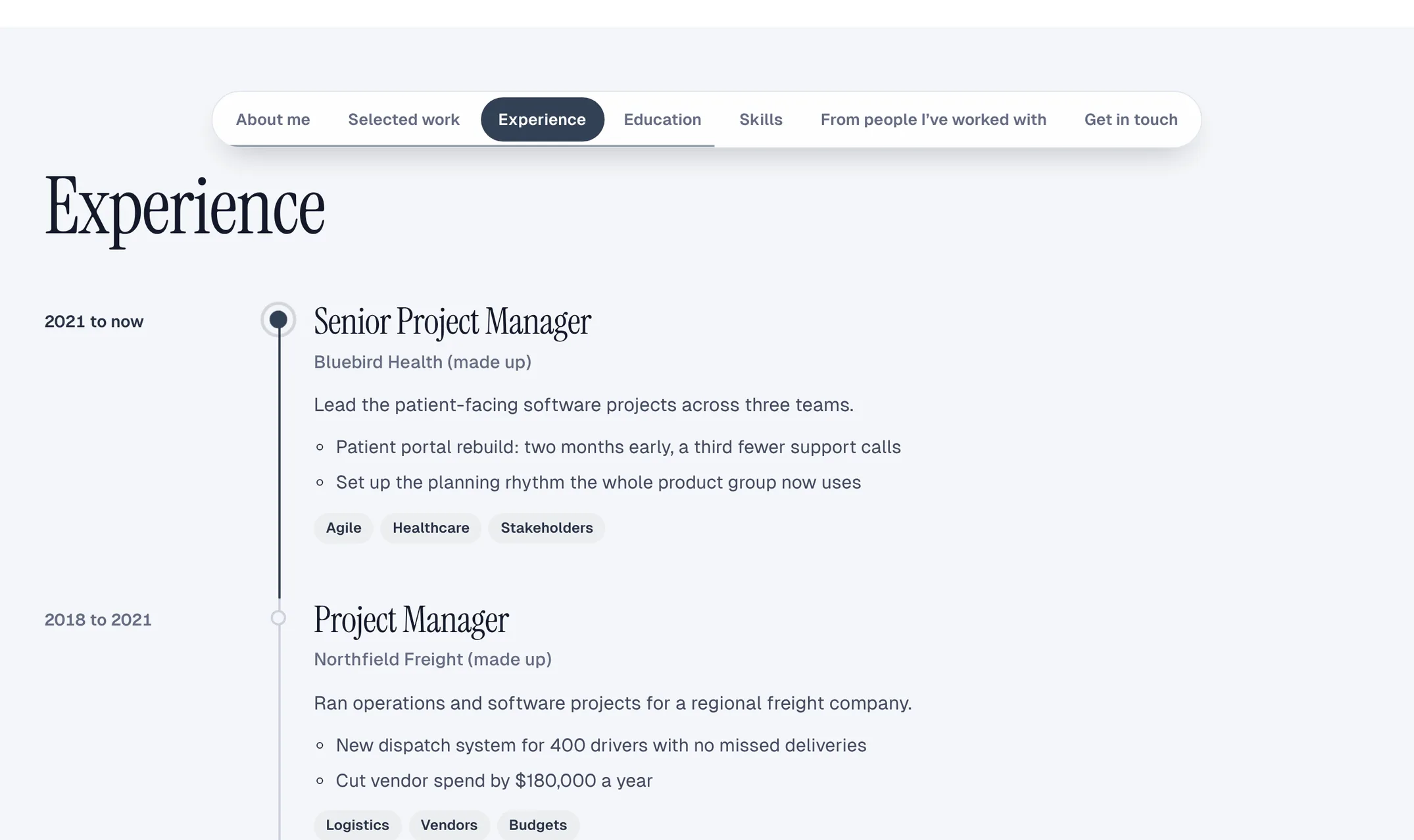 An experience timeline with chapter navigation on Jordan Ellis’s résumé site