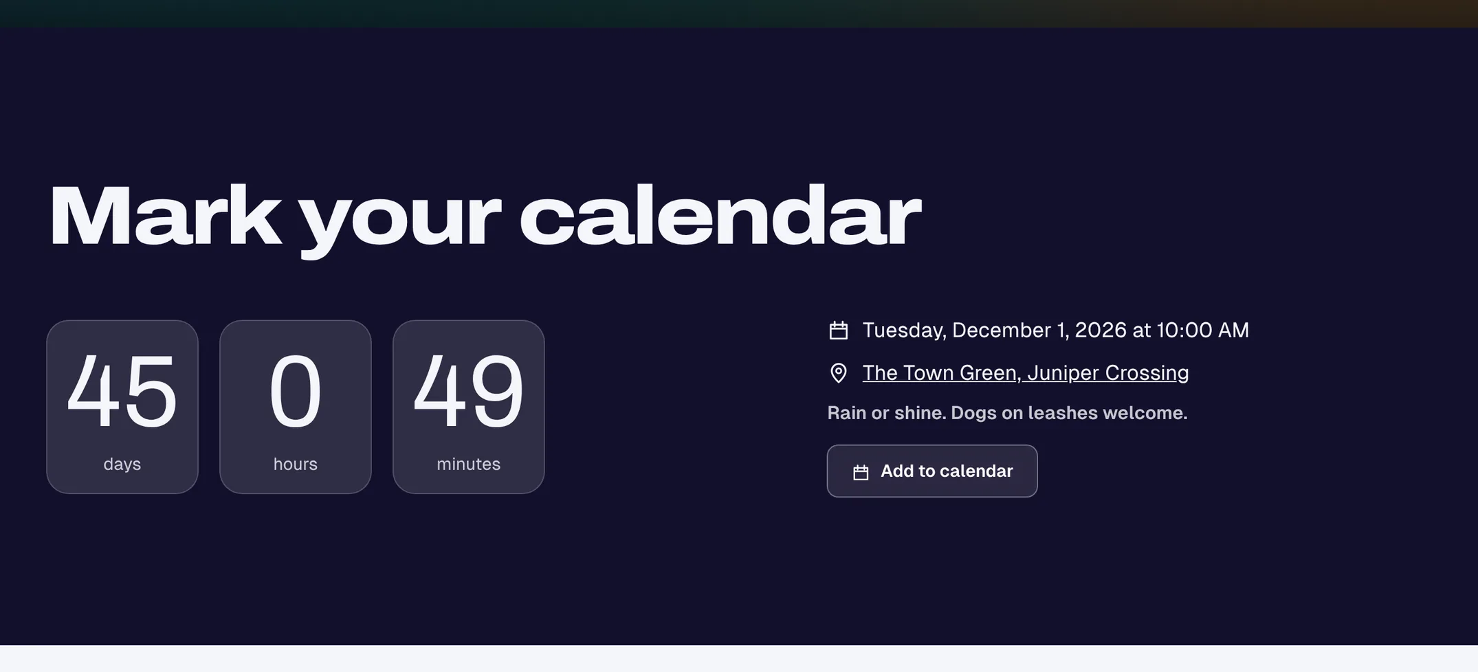 A countdown to the event with the date, the place and Add to calendar