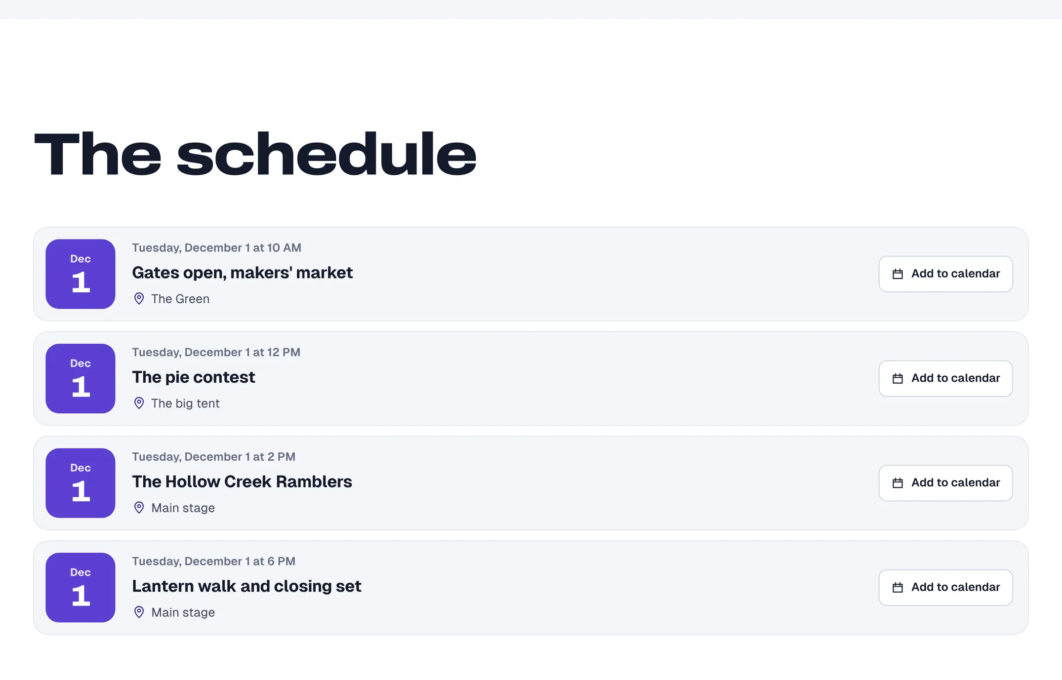 The day’s schedule with times, places and Add to calendar