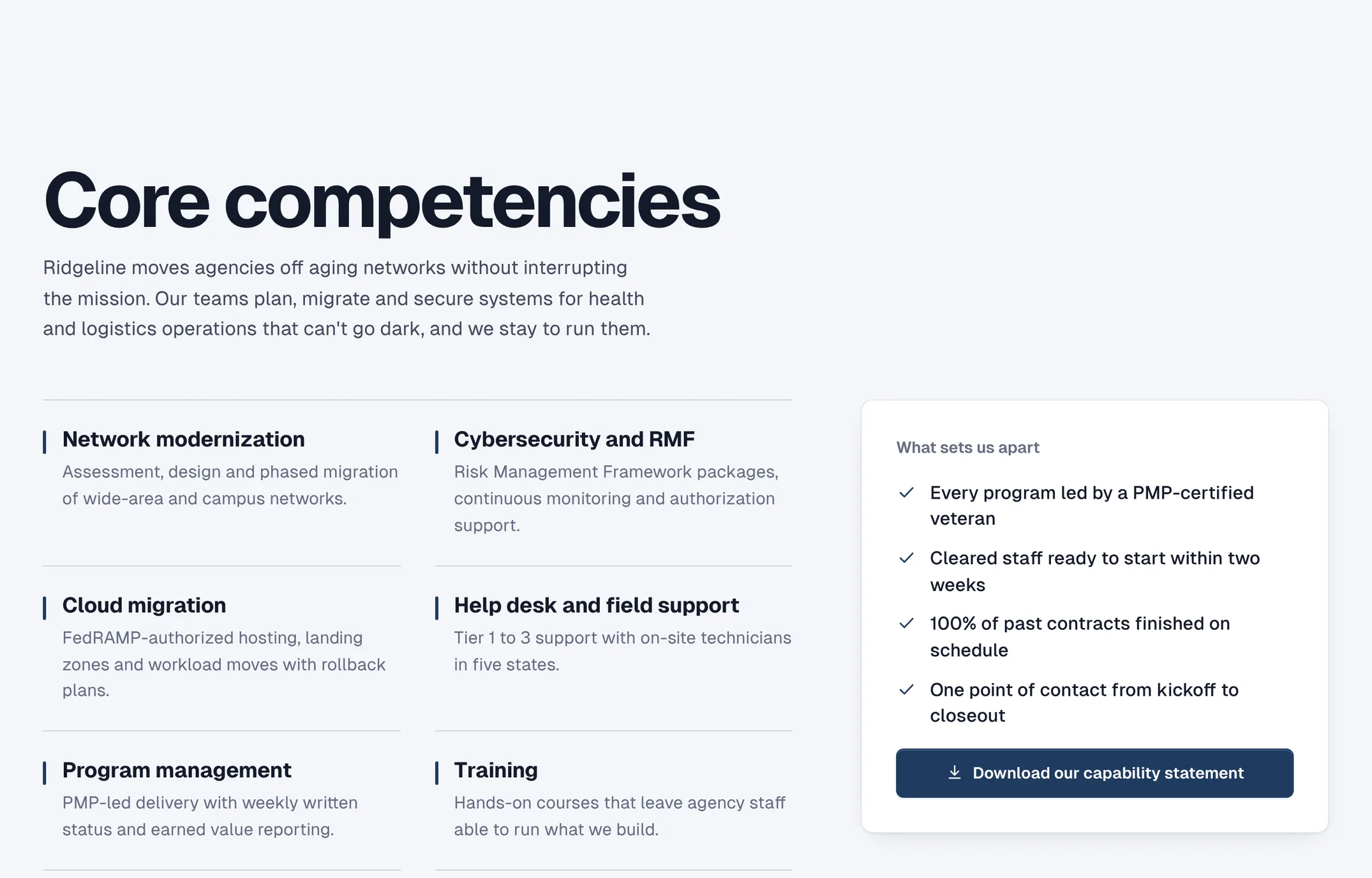 Numbered core competencies and what sets the company apart