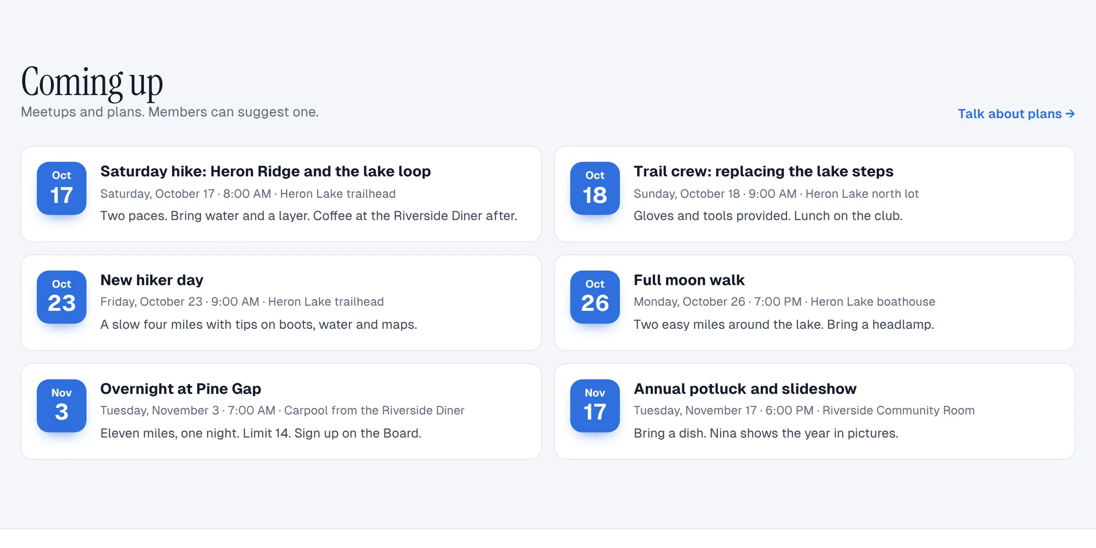 A list of upcoming meetups with dates, times and places