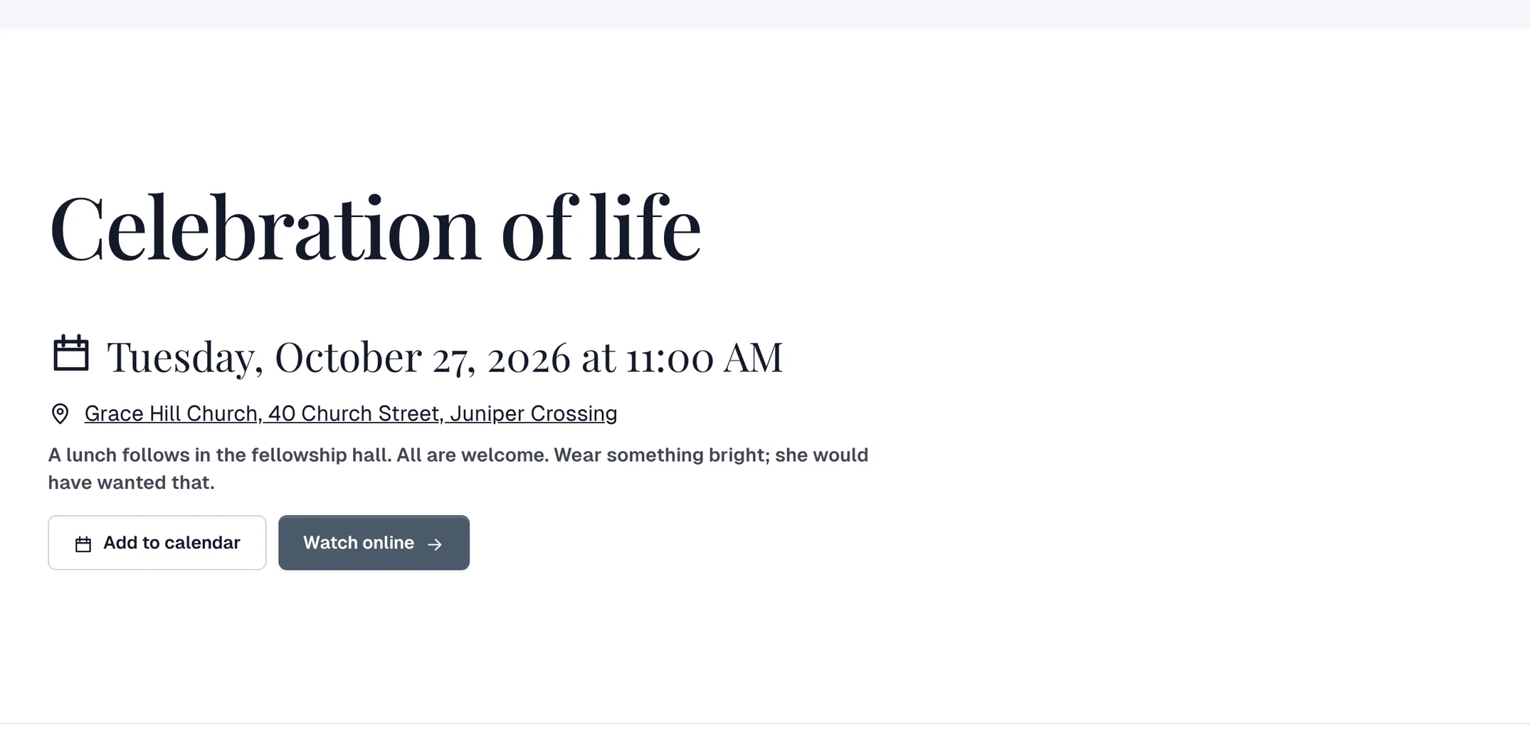 The celebration of life details with Add to calendar and Watch online