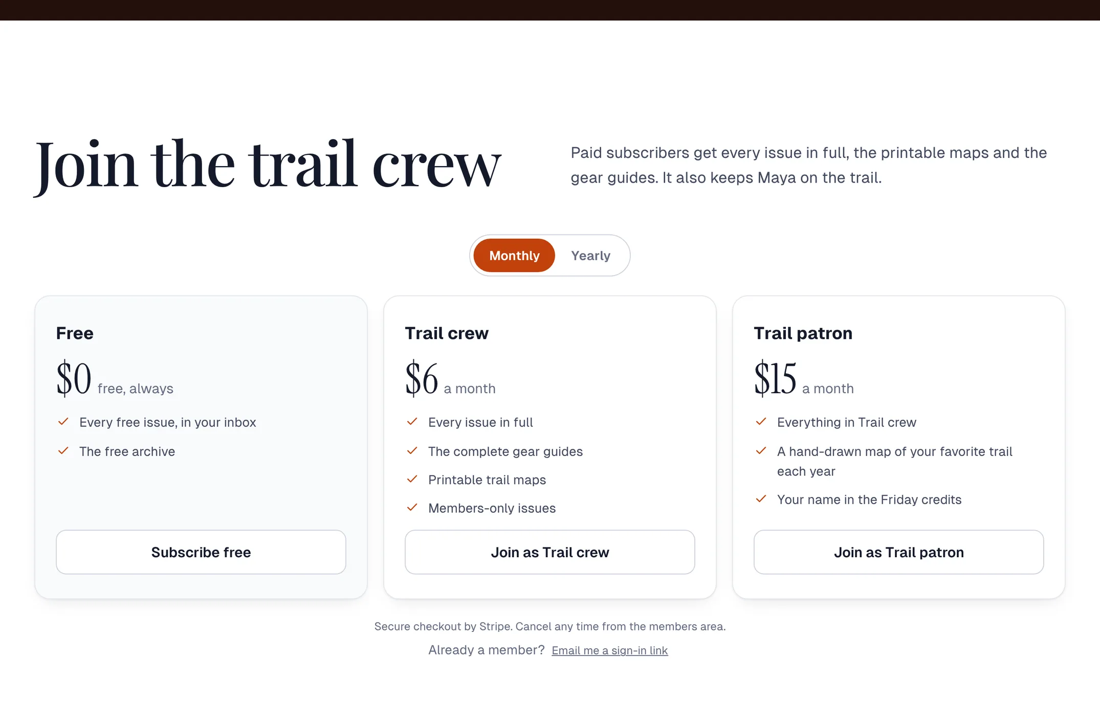Two paid levels with monthly and yearly prices and Join buttons