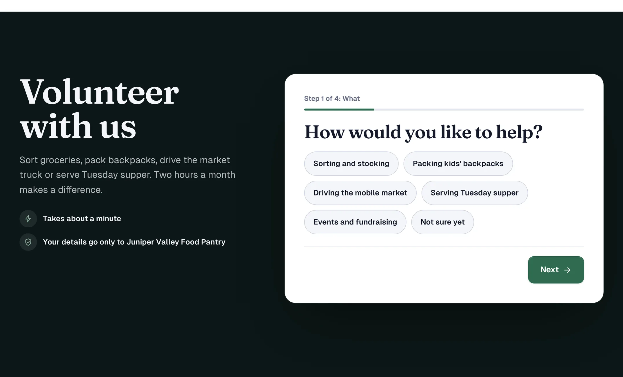 A volunteer signup form with ways to help
