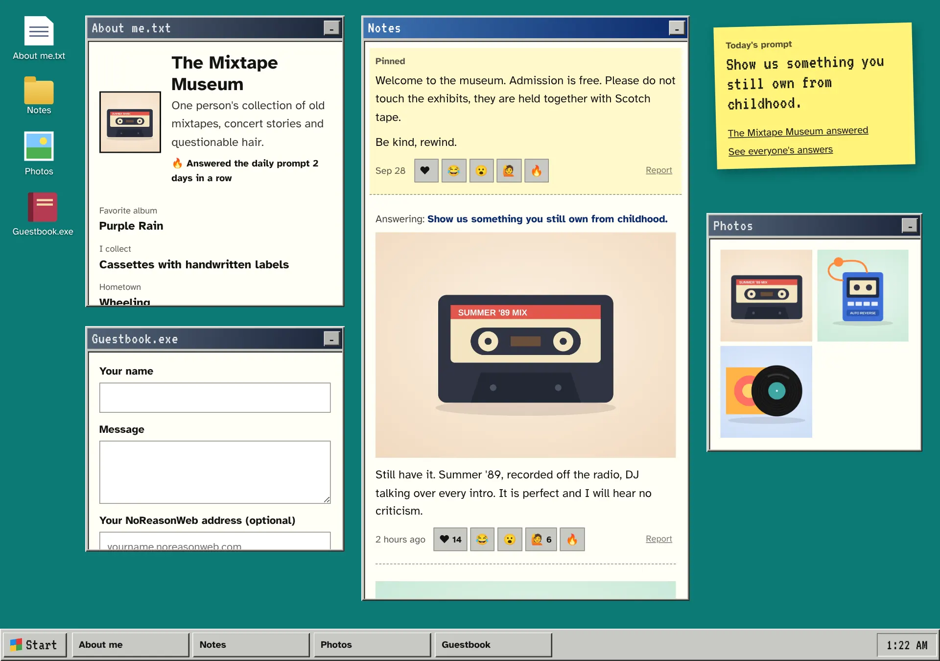 A NoReasonWeb site in the Desktop design, like an old computer screen