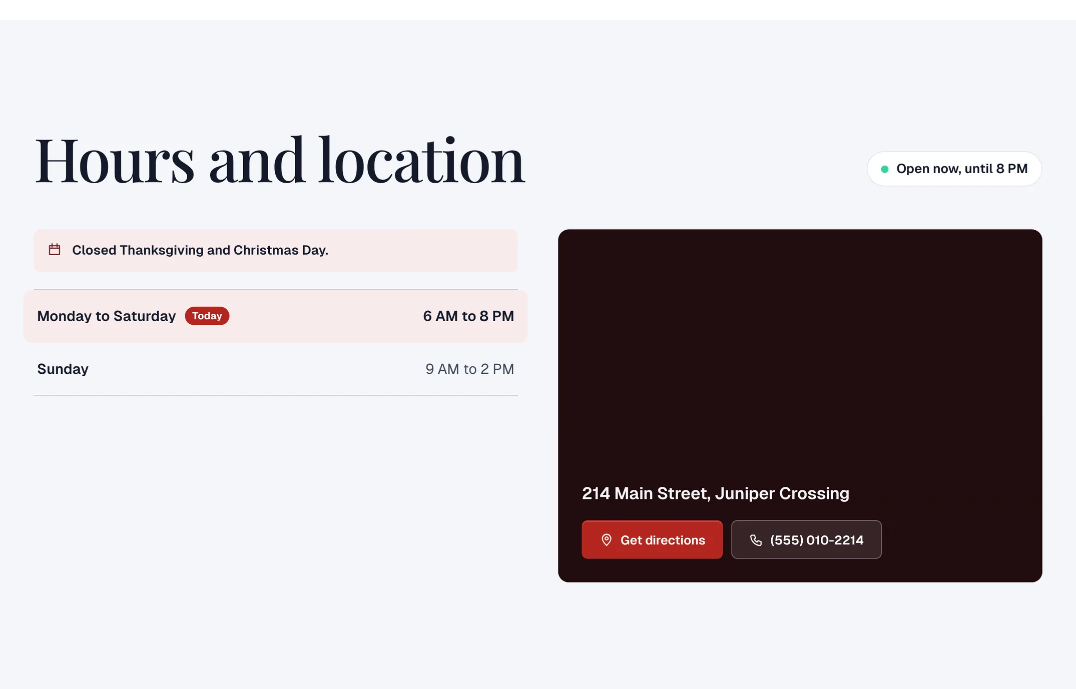 Hours with an open now sign, the address and a map