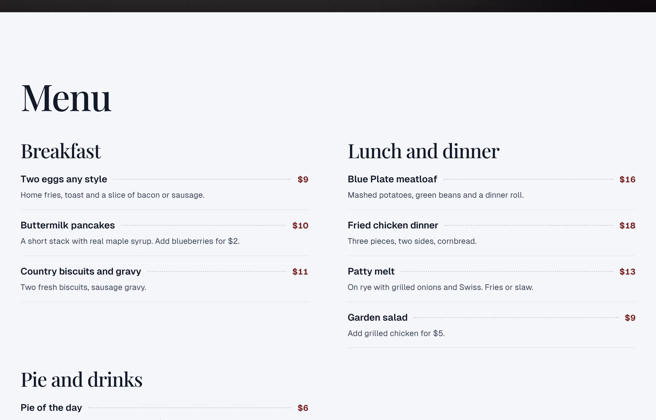 A menu in groups, with prices joined by dotted lines