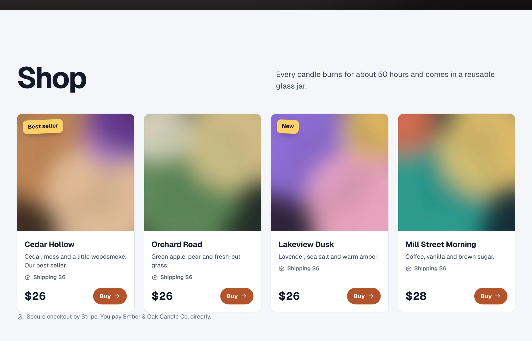 Four products with photos, prices and Buy buttons