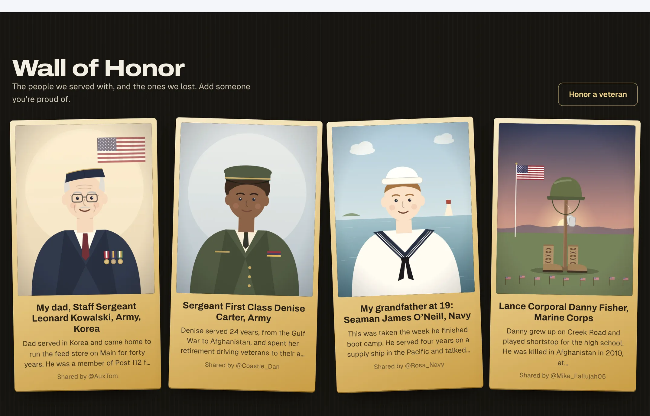 The Wall of Honor, with photos shown as brass plaques
