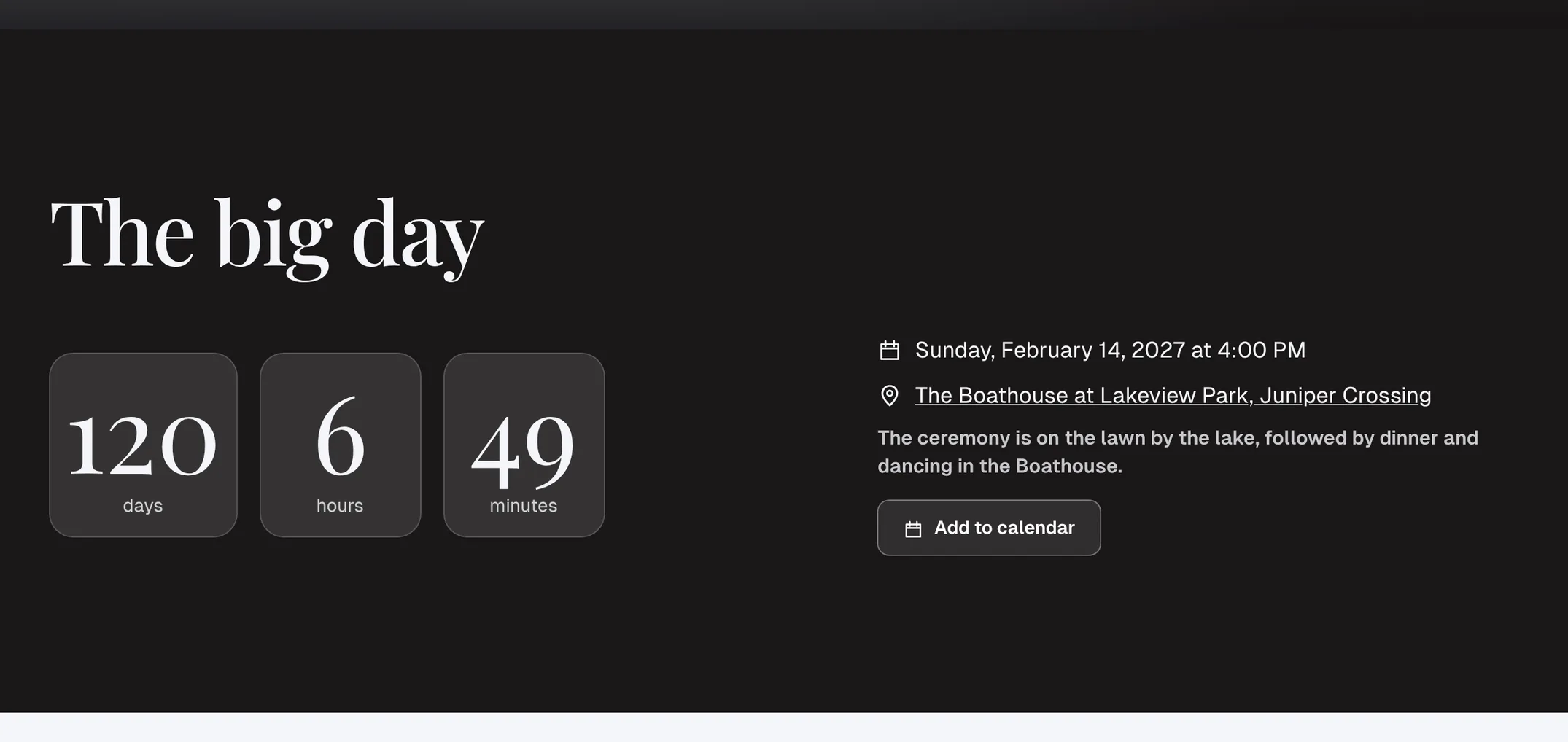 A countdown to the wedding with the date, the place and Add to calendar