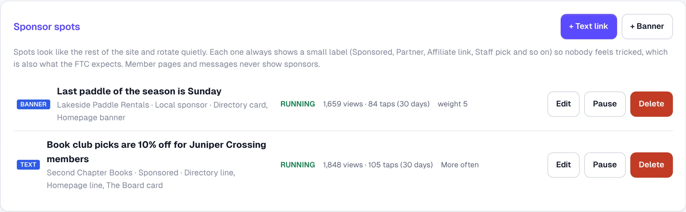 The Sponsors screen in a Hub’s admin: two running sponsor spots, each with its views and taps for the last 30 days